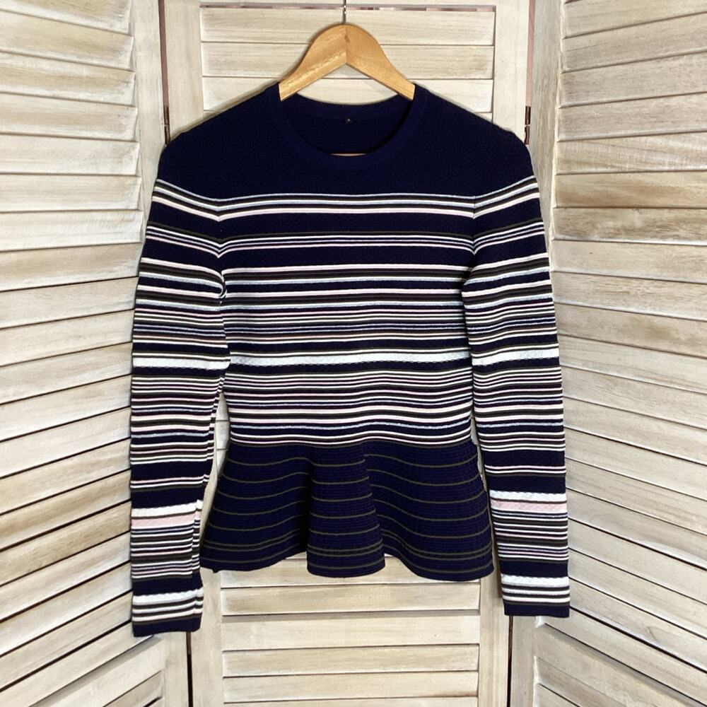 Ted Baker Leytina Striped Peplum Knit Sweater Navy Blue 3 M 8